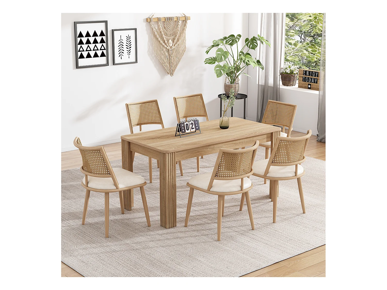 Ensemble table et chaises - table moderne + 6 chaises dossier en rotin de salon et de chambre - beige + naturel