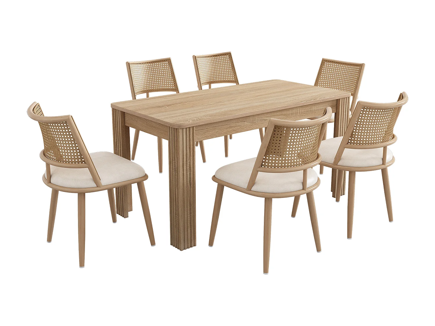 Conjunto de mesa y sillas - mesa moderna + 6 sillas con respaldo de ratán para salón y dormitorio - beige + natural