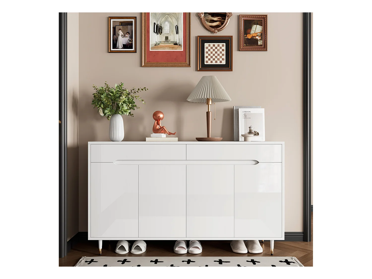 Meuble à chaussures moderne avec 2 portes + 3 tiroirs - pieds dorés - 140 x 39 x 84 cm - aggloméré - blanc