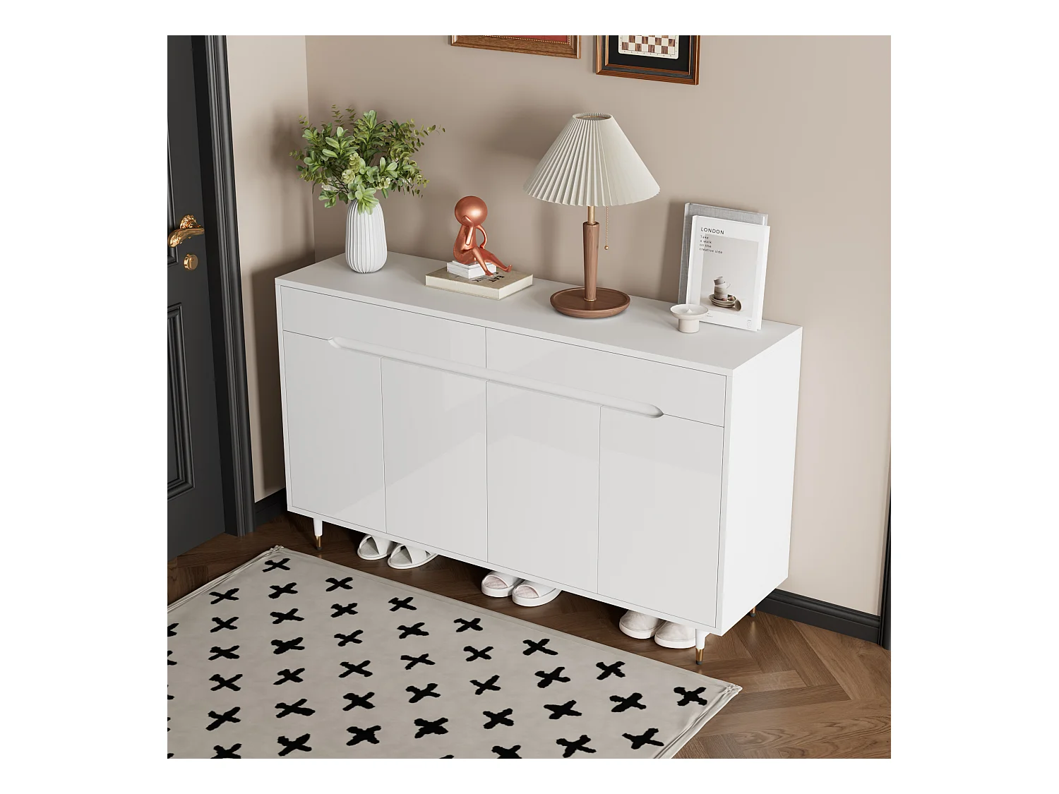 Meuble à chaussures moderne avec 2 portes + 3 tiroirs - pieds dorés - 140 x 39 x 84 cm - aggloméré - blanc