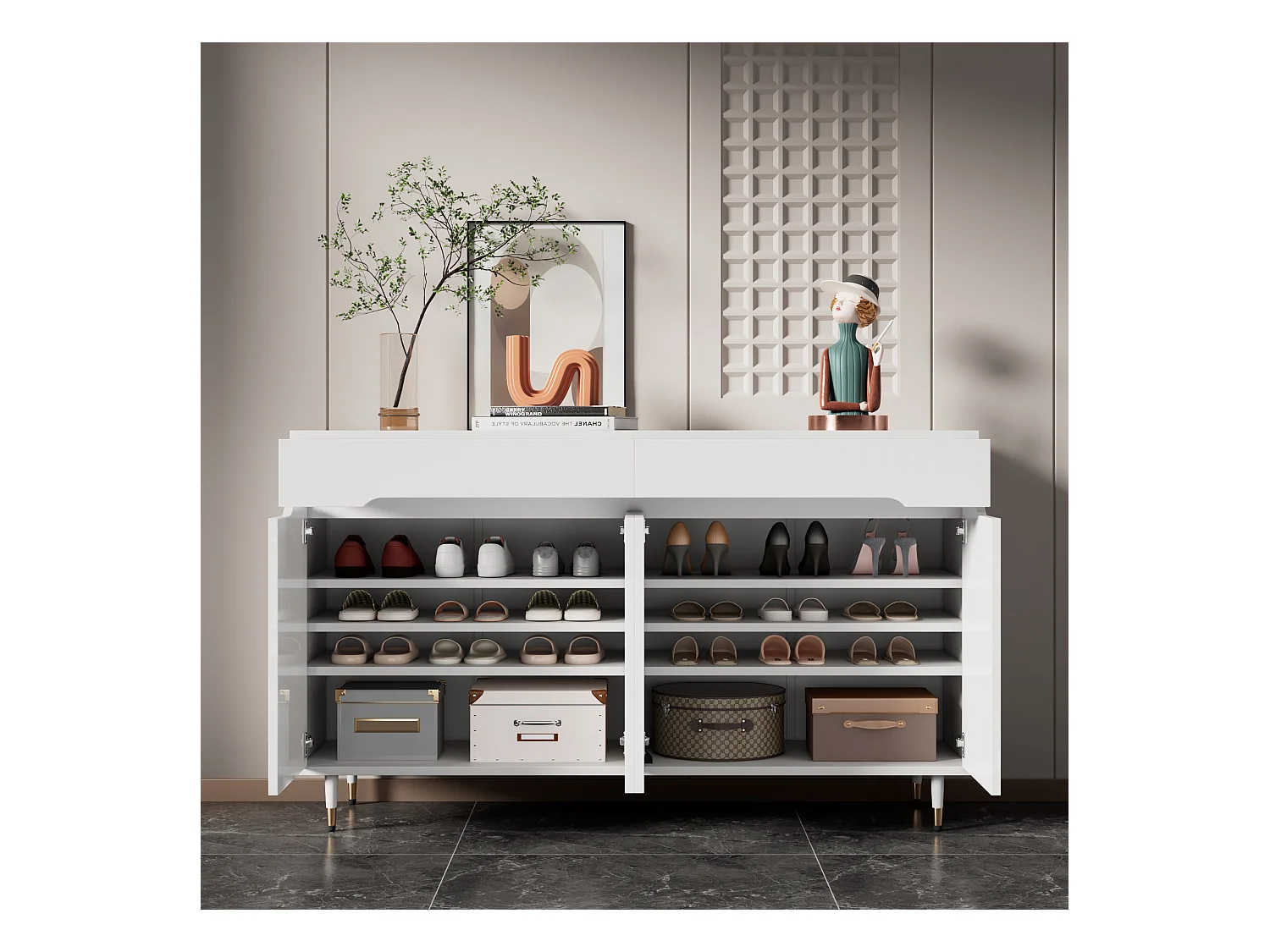 Meuble à chaussures moderne avec 2 portes + 3 tiroirs - pieds dorés - 140 x 39 x 84 cm - aggloméré - blanc