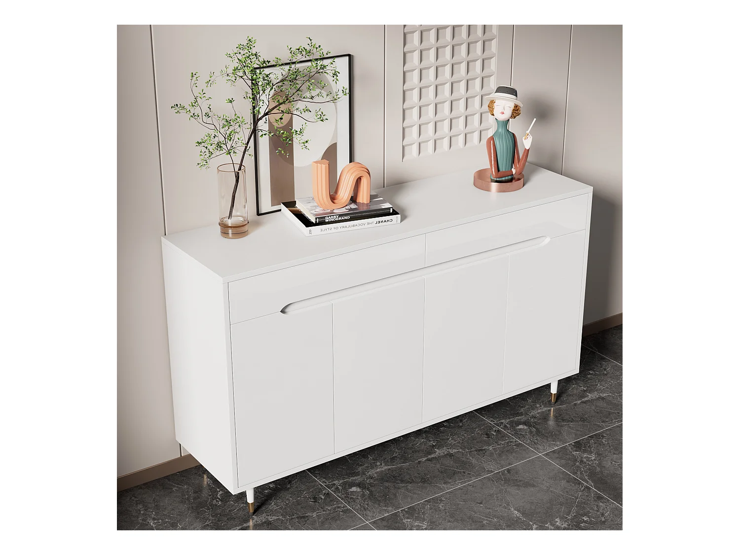 Meuble à chaussures moderne avec 2 portes + 3 tiroirs - pieds dorés - 140 x 39 x 84 cm - aggloméré - blanc