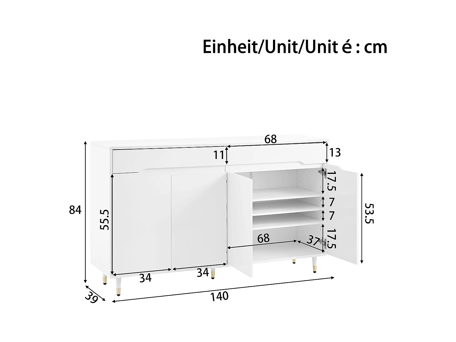 Meuble à chaussures moderne avec 2 portes + 3 tiroirs - pieds dorés - 140 x 39 x 84 cm - aggloméré - blanc
