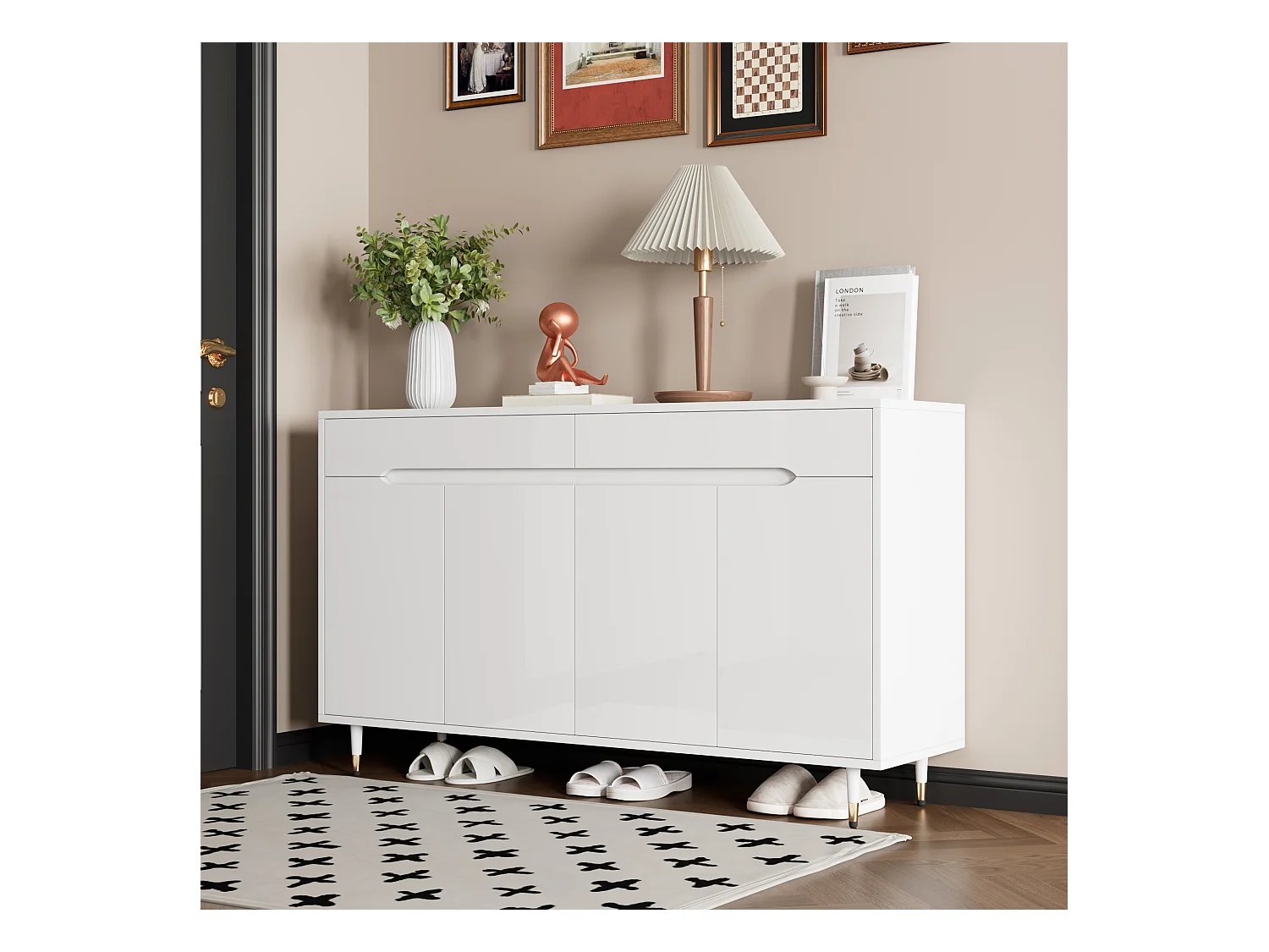 Meuble à chaussures moderne avec 2 portes + 3 tiroirs - pieds dorés - 140 x 39 x 84 cm - aggloméré - blanc