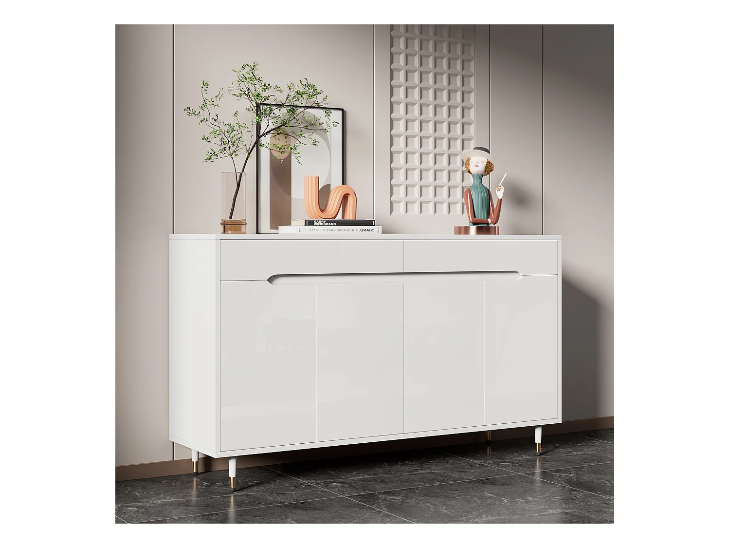 Meuble à chaussures moderne avec 2 portes + 3 tiroirs - pieds dorés - 140 x 39 x 84 cm - aggloméré - blanc
