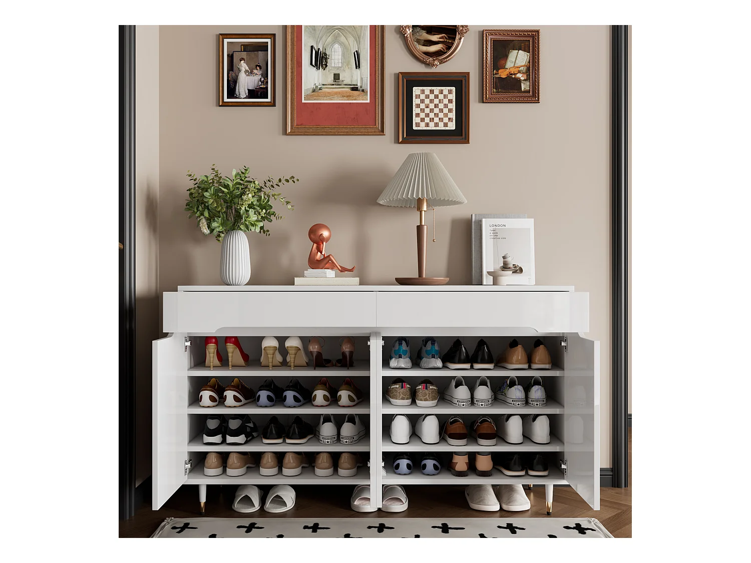 Meuble à chaussures moderne avec 2 portes + 3 tiroirs - pieds dorés - 140 x 39 x 84 cm - aggloméré - blanc