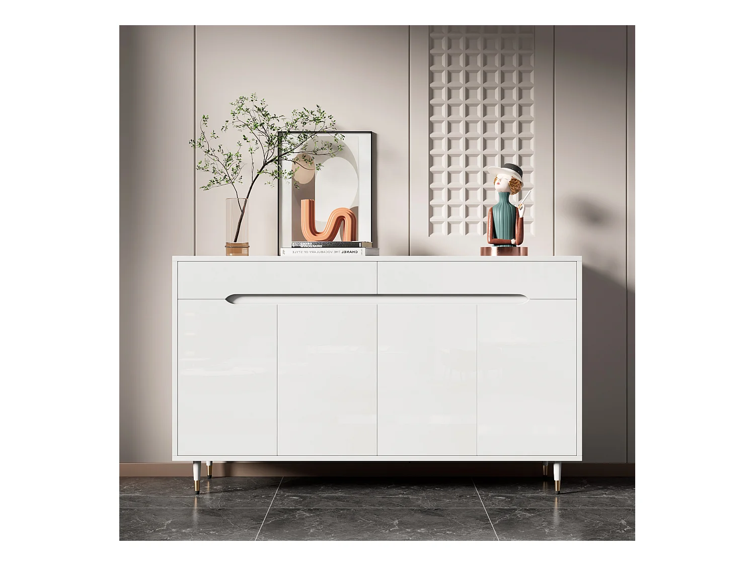 Meuble à chaussures moderne avec 2 portes + 3 tiroirs - pieds dorés - 140 x 39 x 84 cm - aggloméré - blanc