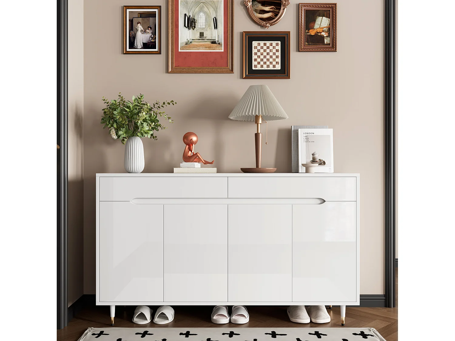 Meuble à chaussures moderne avec 2 portes + 3 tiroirs - pieds dorés - 140 x 39 x 84 cm - aggloméré - blanc