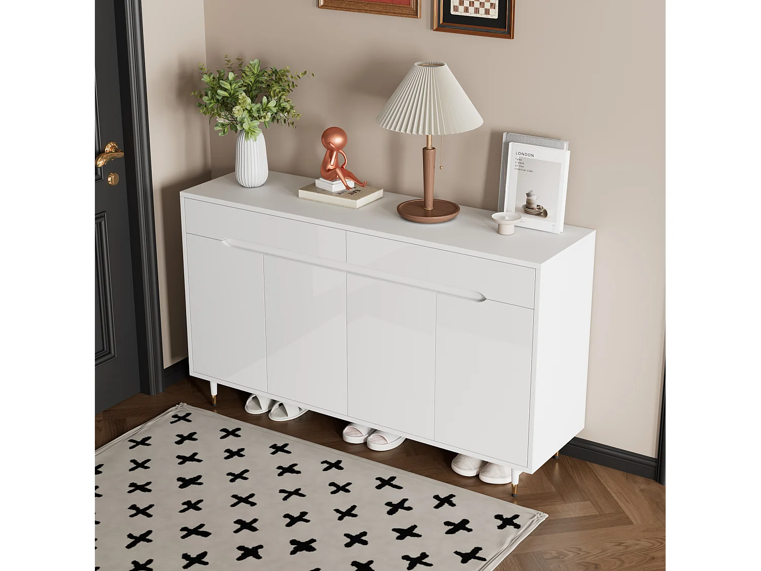 Meuble à chaussures moderne avec 2 portes + 3 tiroirs - pieds dorés - 140 x 39 x 84 cm - aggloméré - blanc