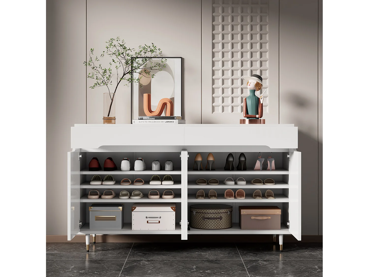 Meuble à chaussures moderne avec 2 portes + 3 tiroirs - pieds dorés - 140 x 39 x 84 cm - aggloméré - blanc