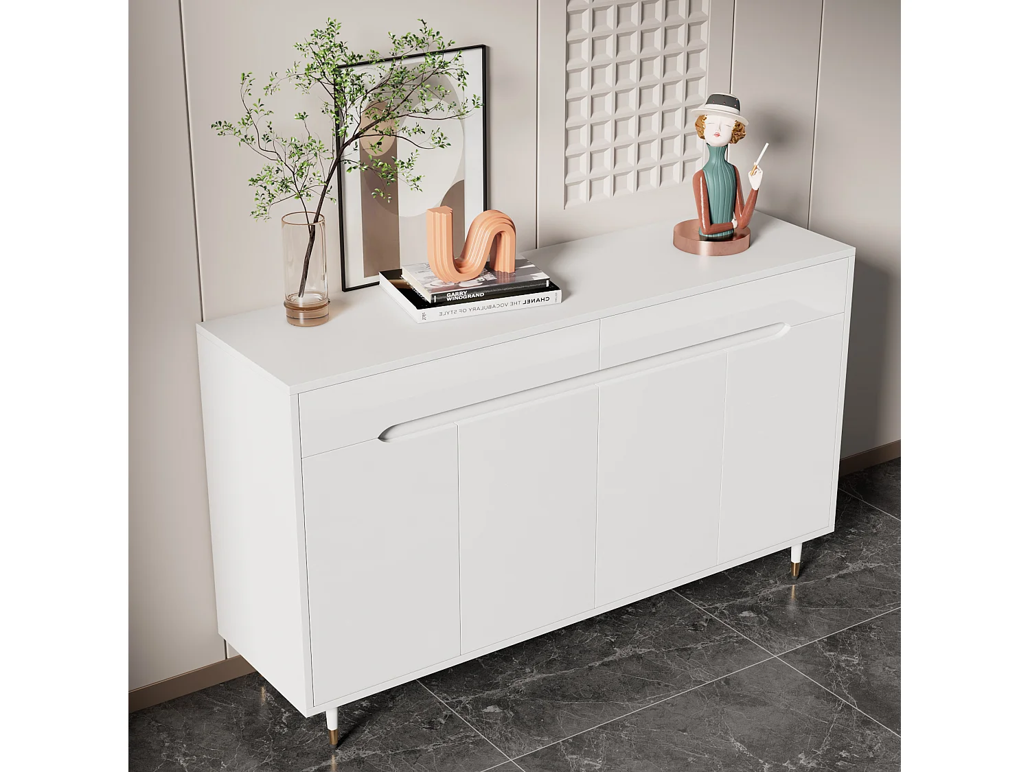 Meuble à chaussures moderne avec 2 portes + 3 tiroirs - pieds dorés - 140 x 39 x 84 cm - aggloméré - blanc