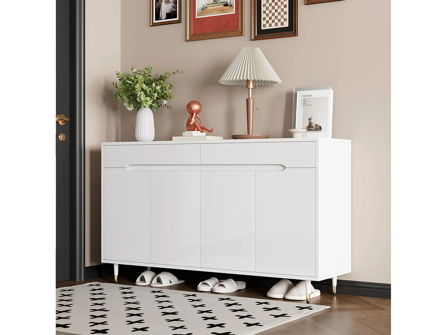 Meuble à chaussures moderne avec 2 portes + 3 tiroirs - pieds dorés - 140 x 39 x 84 cm - aggloméré - blanc