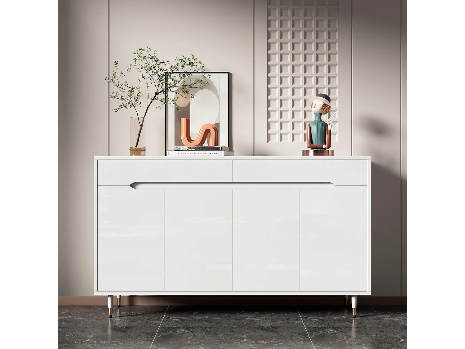 Meuble à chaussures moderne avec 2 portes + 3 tiroirs - pieds dorés - 140 x 39 x 84 cm - aggloméré - blanc