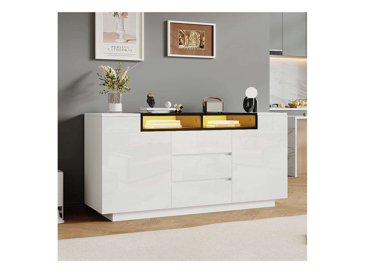 Buffet de salon brillant avec 2 portes + 3 tiroirs + Leds - 140 x 60 x 48 cm - aggloméré - blanc