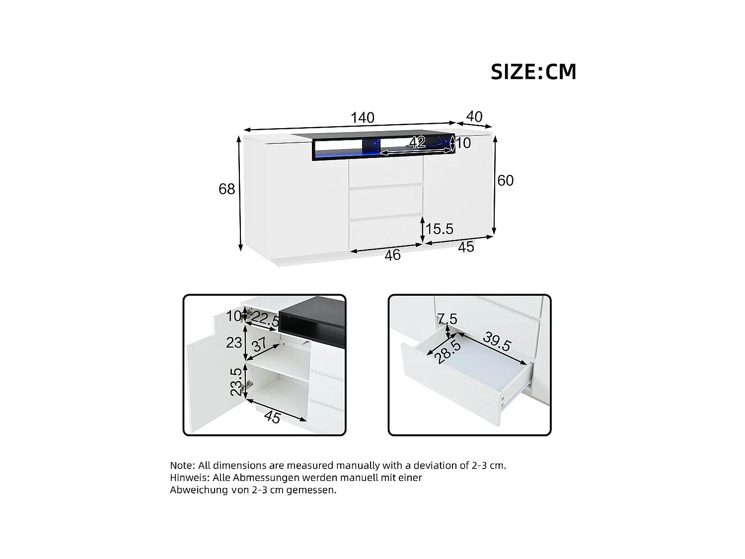 Hochglanz Sideboard mit 2 Türen + 3 Schubladen + LEDs - 140 x 60 x 48 cm - Spanplatte - Weiß
