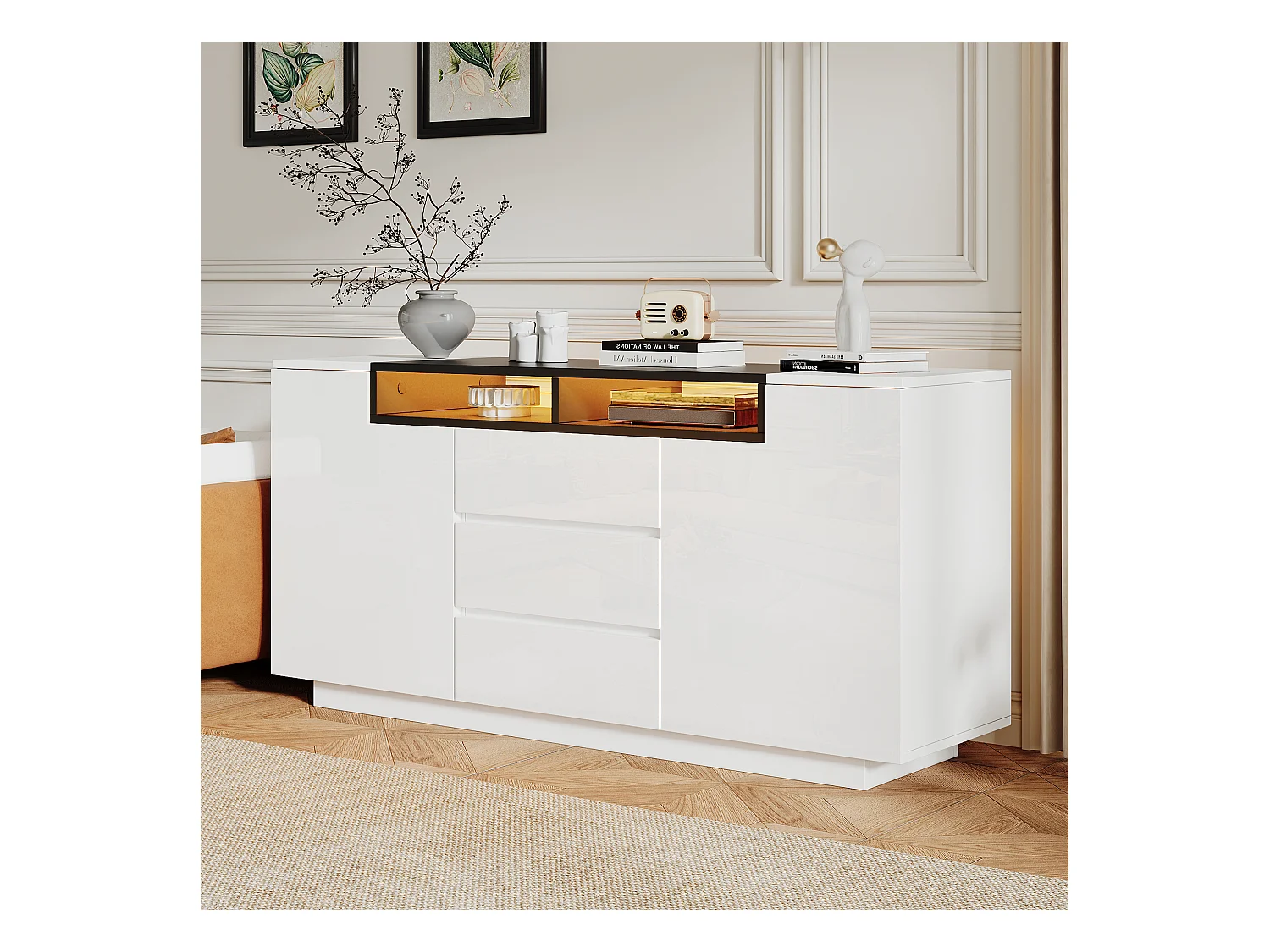 Hochglanz Sideboard mit 2 Türen + 3 Schubladen + LEDs - 140 x 60 x 48 cm - Spanplatte - Weiß