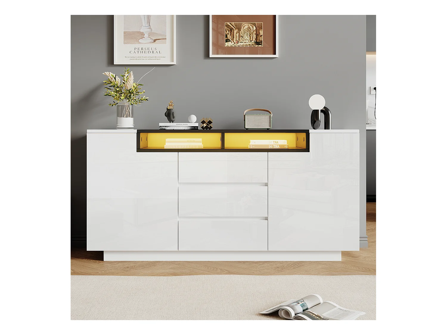 Hochglanz Sideboard mit 2 Türen + 3 Schubladen + LEDs - 140 x 60 x 48 cm - Spanplatte - Weiß