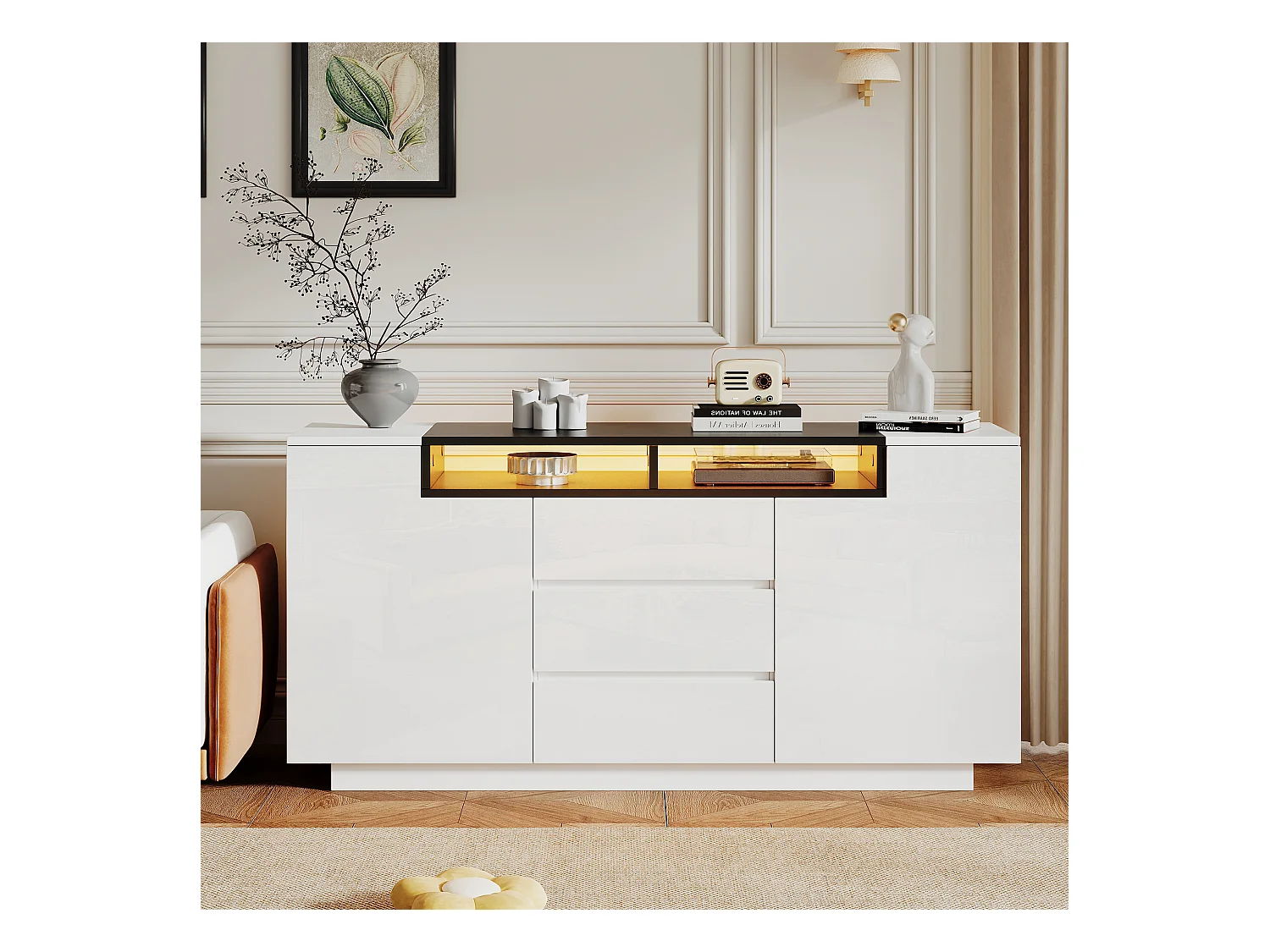 Hochglanz Sideboard mit 2 Türen + 3 Schubladen + LEDs - 140 x 60 x 48 cm - Spanplatte - Weiß