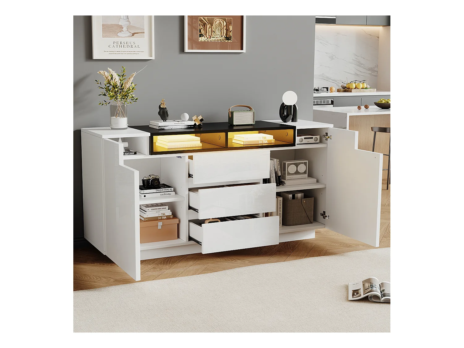 Hochglanz Sideboard mit 2 Türen + 3 Schubladen + LEDs - 140 x 60 x 48 cm - Spanplatte - Weiß