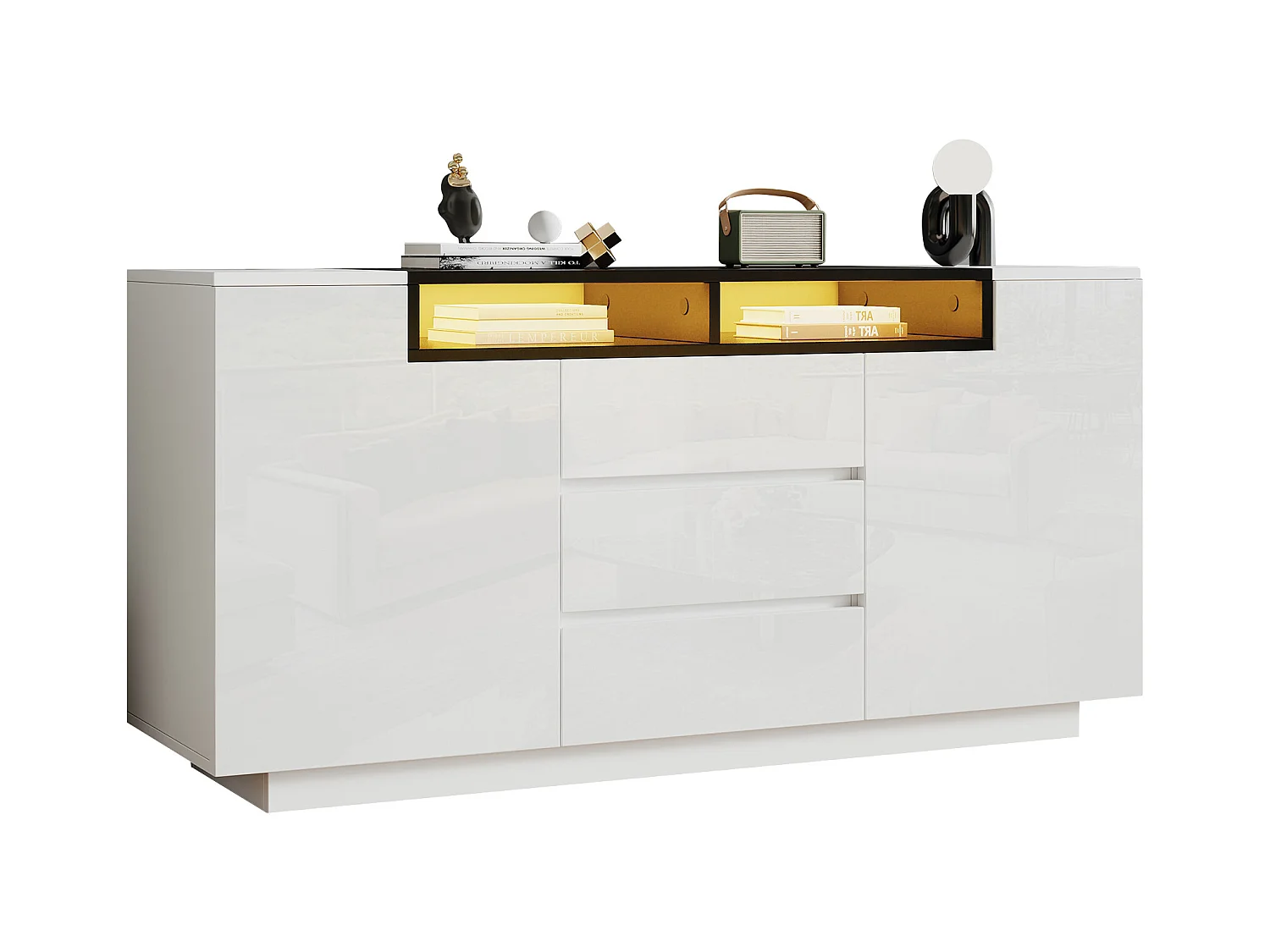 Hochglanz Sideboard mit 2 Türen + 3 Schubladen + LEDs - 140 x 60 x 48 cm - Spanplatte - Weiß