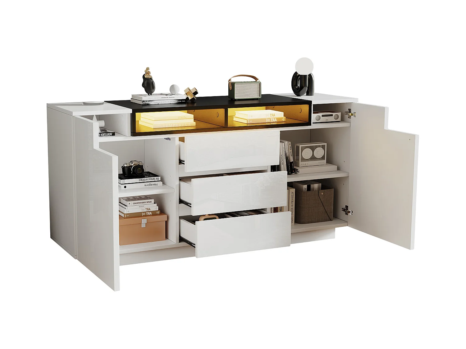 Hochglanz Sideboard mit 2 Türen + 3 Schubladen + LEDs - 140 x 60 x 48 cm - Spanplatte - Weiß