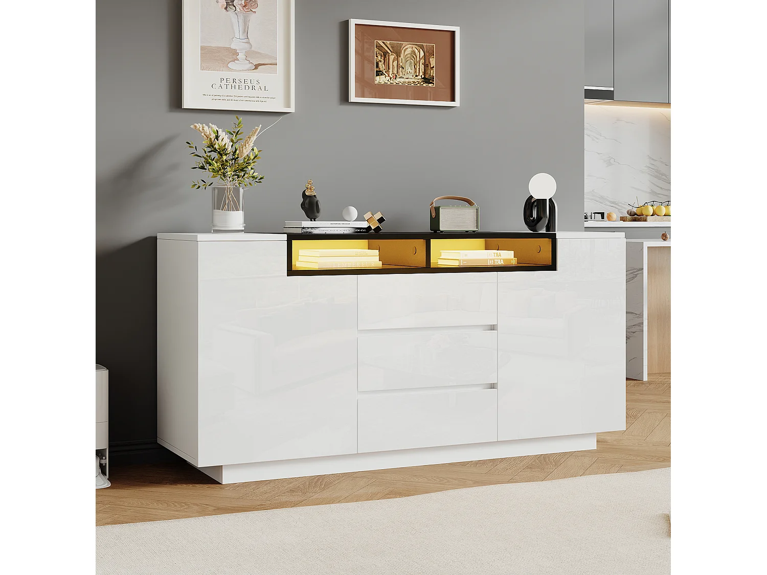 Komoda połyskowa z 2 drzwiami + 3 szufladami + diody LED - 140 x 60 x 48 cm - płyta wiórowa - biała