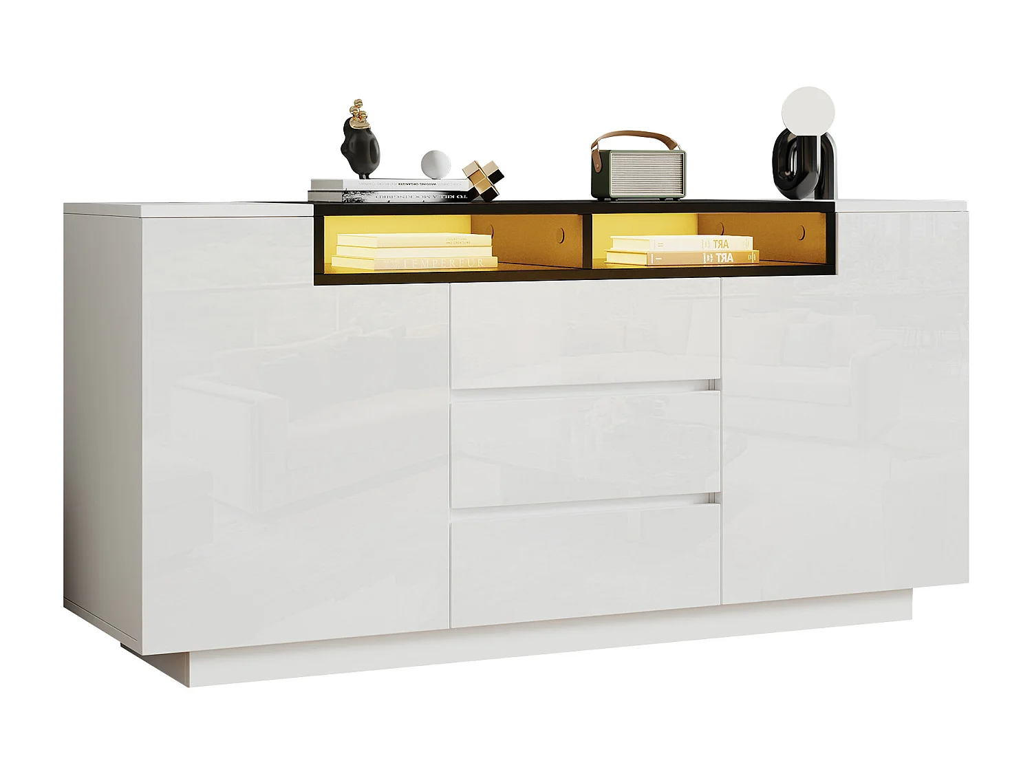 Komoda połyskowa z 2 drzwiami + 3 szufladami + diody LED - 140 x 60 x 48 cm - płyta wiórowa - biała