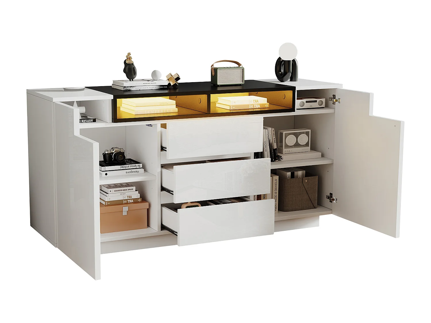 Komoda połyskowa z 2 drzwiami + 3 szufladami + diody LED - 140 x 60 x 48 cm - płyta wiórowa - biała