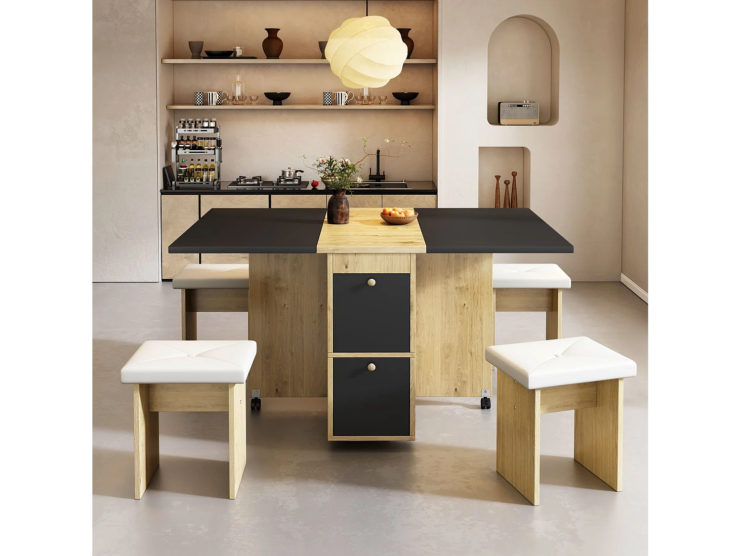 Ensemble table extensible avec rangement + 4 chaises en similicuir - pieds en bois - noir (120x80x75 cm)