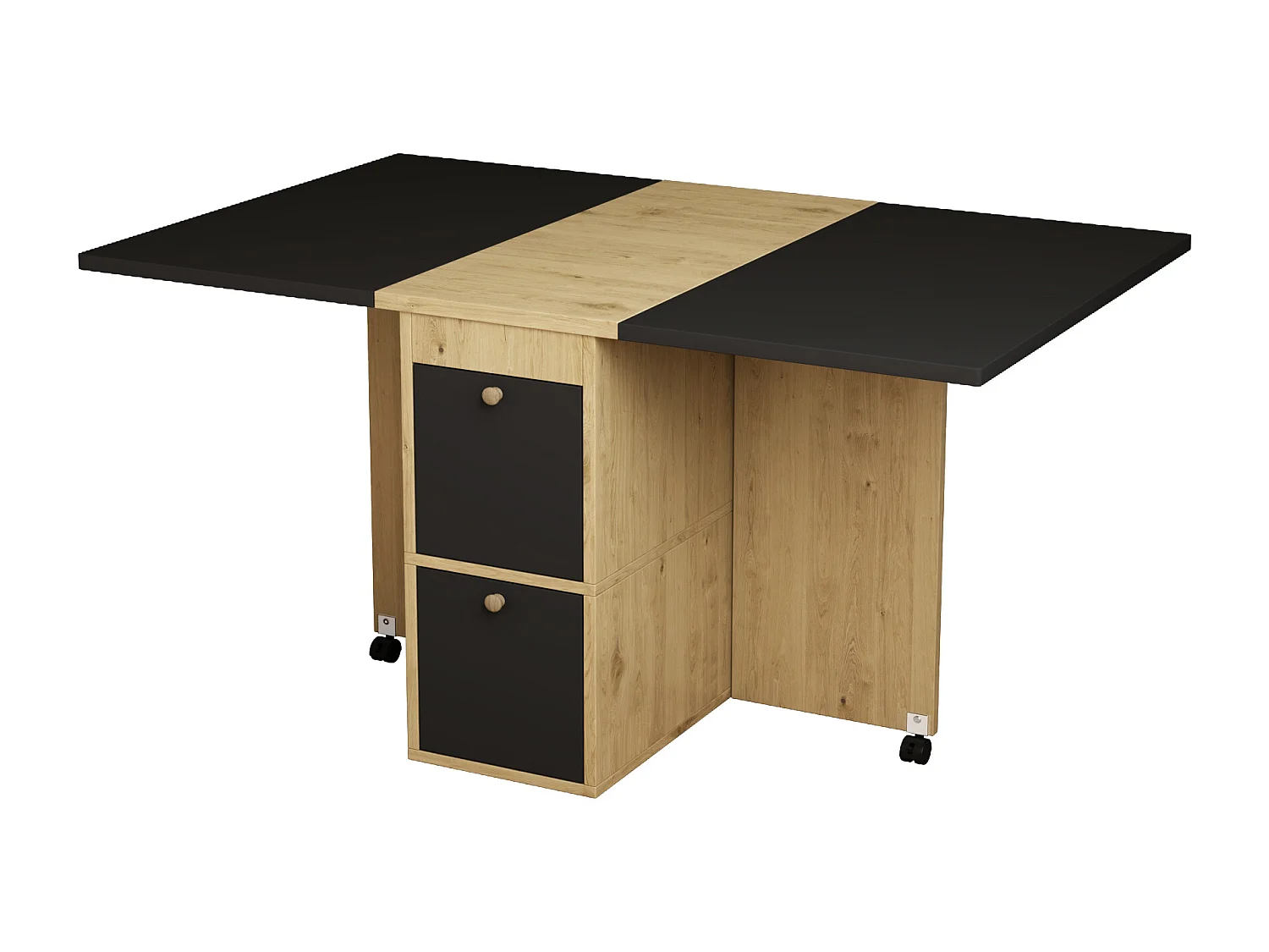 Ensemble table extensible avec rangement + 4 chaises en similicuir - pieds en bois - noir (120x80x75 cm)