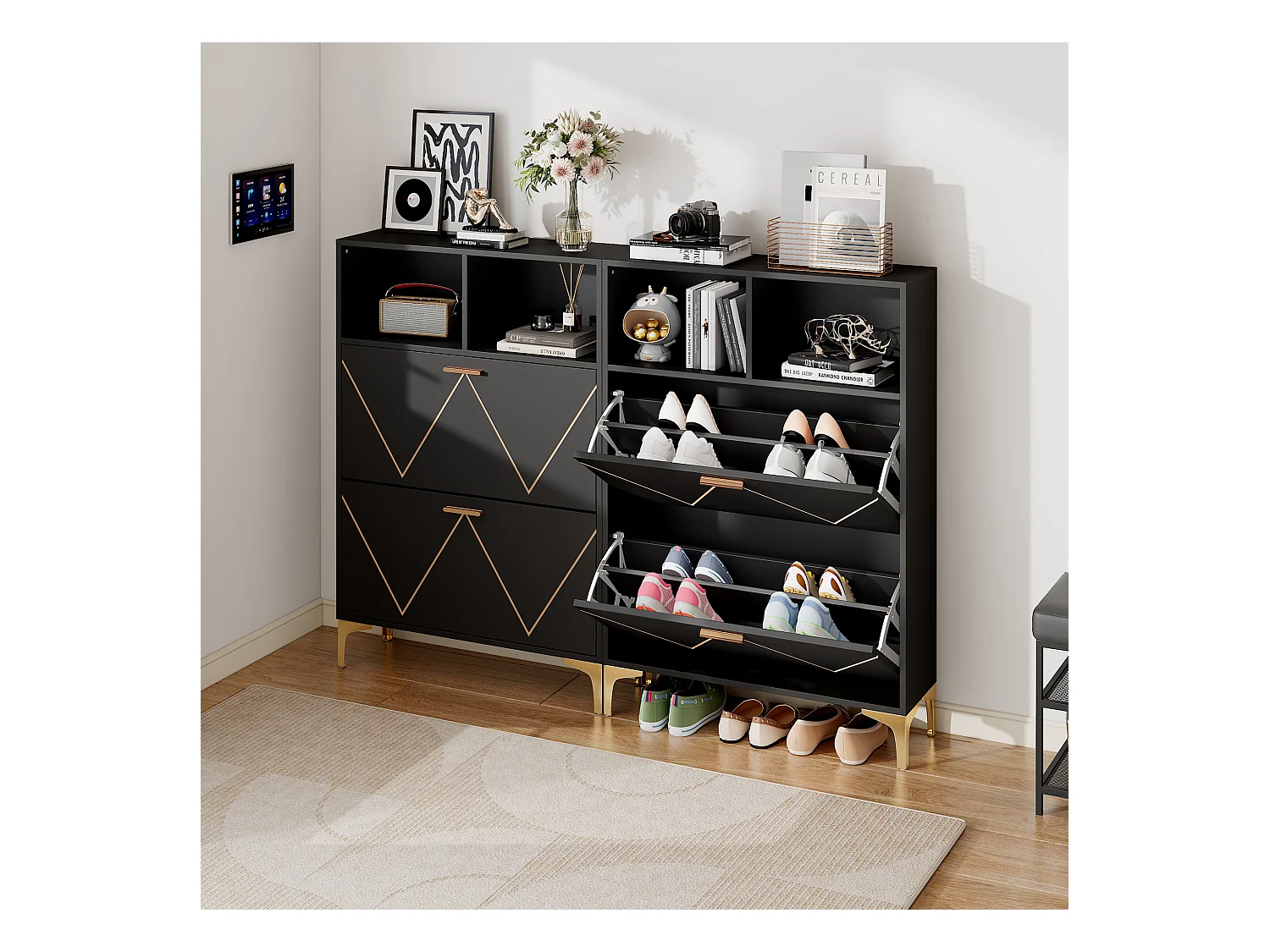 Schuhschrank mit 4 unteren Falttüren + 4 halboffenen Regalen - 2 x 80 x 25 x 117 cm - MDF - schwarz