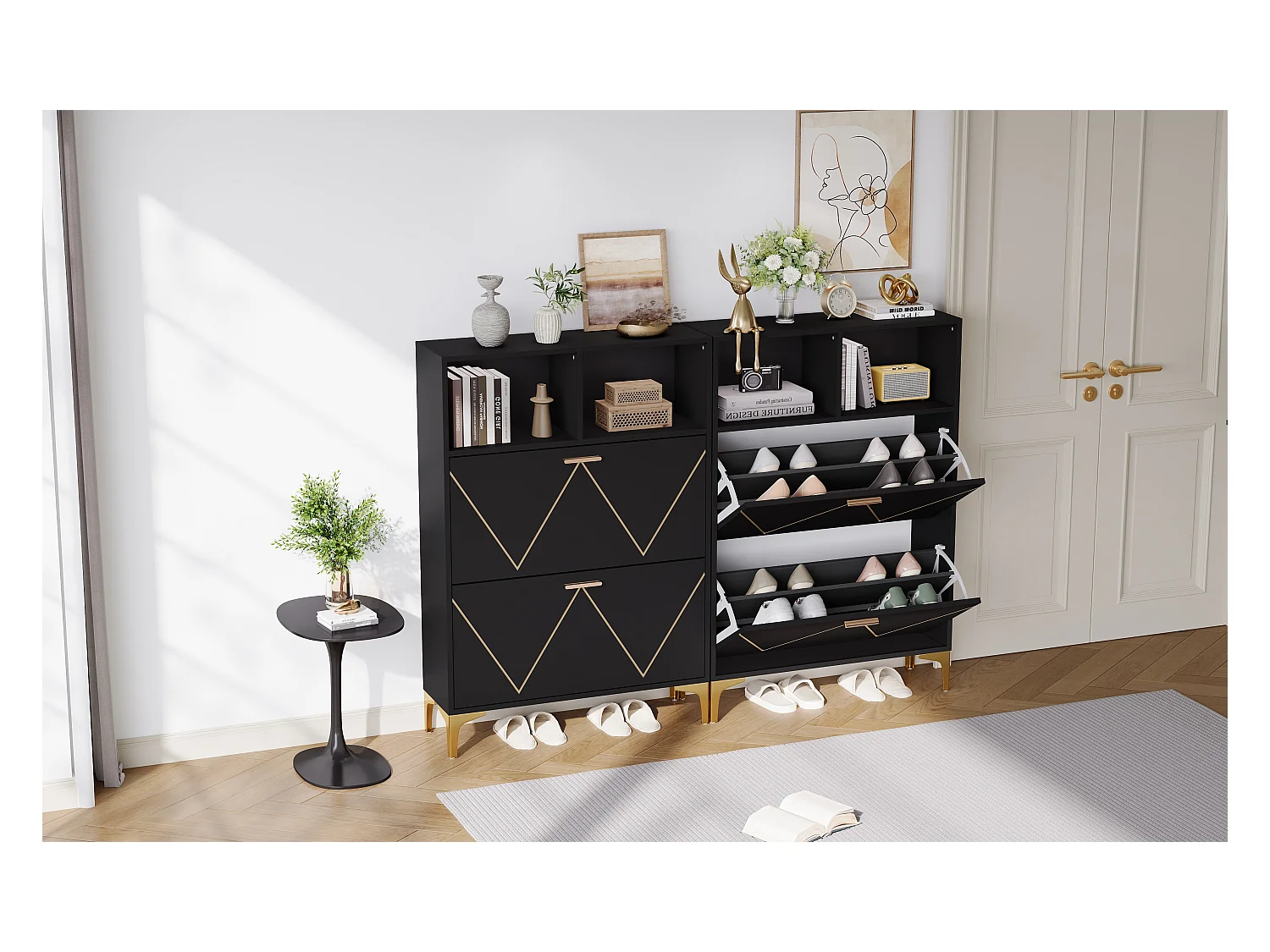 Schuhschrank mit 4 unteren Falttüren + 4 halboffenen Regalen - 2 x 80 x 25 x 117 cm - MDF - schwarz
