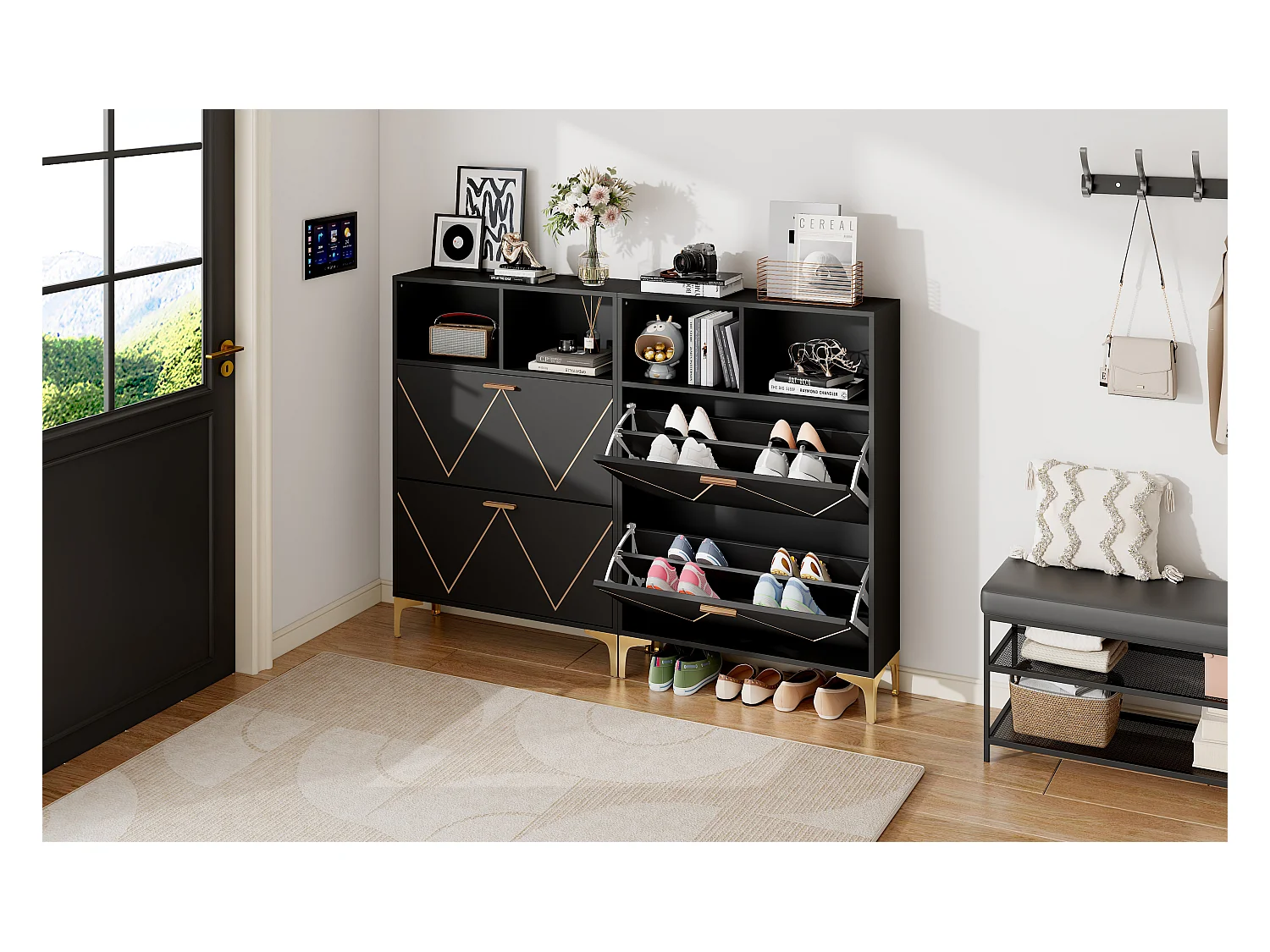 Schuhschrank mit 4 unteren Falttüren + 4 halboffenen Regalen - 2 x 80 x 25 x 117 cm - MDF - schwarz