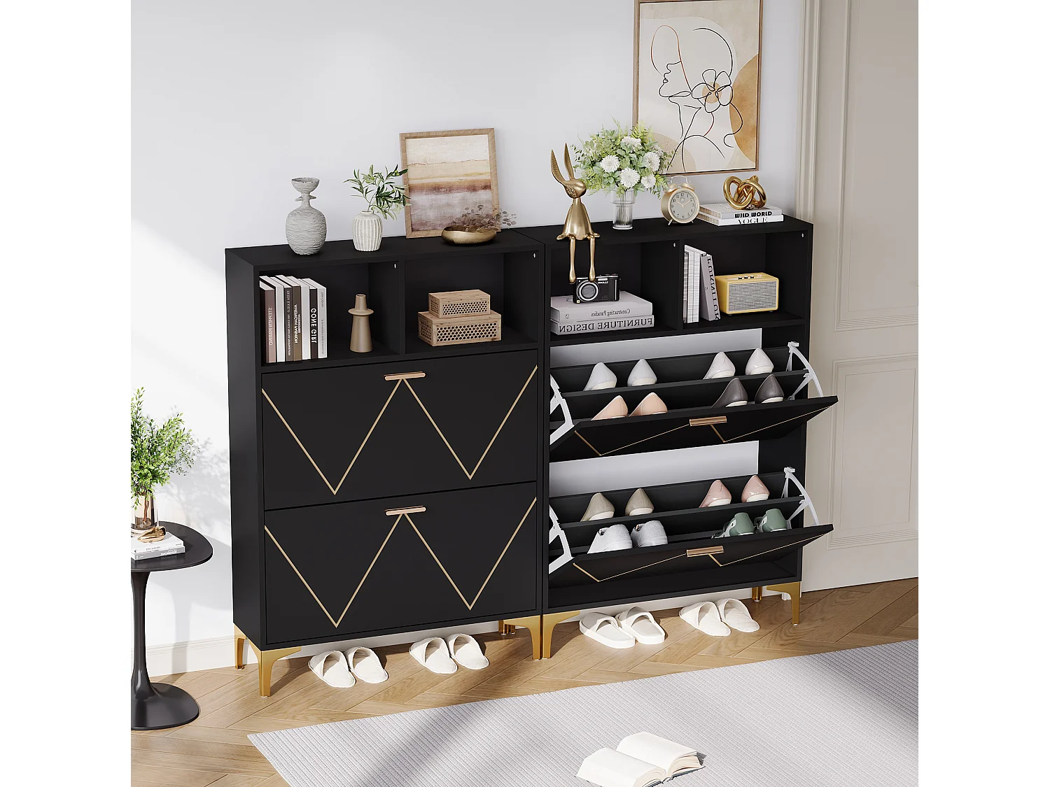 Scarpiera con 4 ante a soffietto inferiori + 4 ripiani semiaperti - 2 x 80 x 25 x 117 cm - MDF - nero