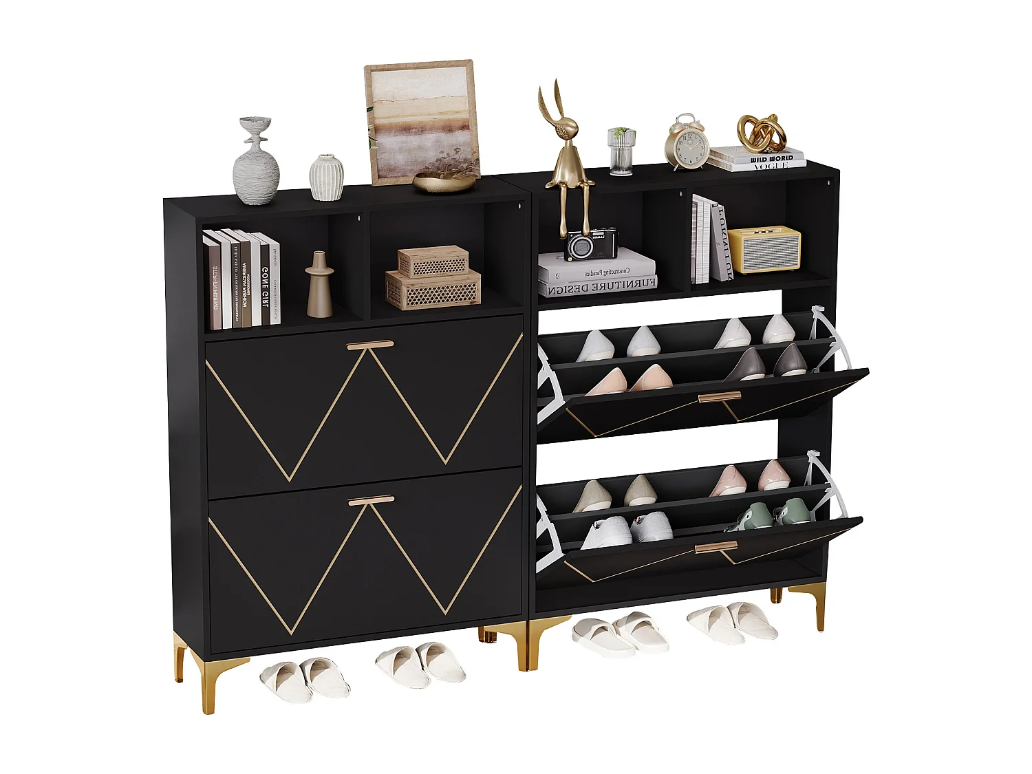 Scarpiera con 4 ante a soffietto inferiori + 4 ripiani semiaperti - 2 x 80 x 25 x 117 cm - MDF - nero