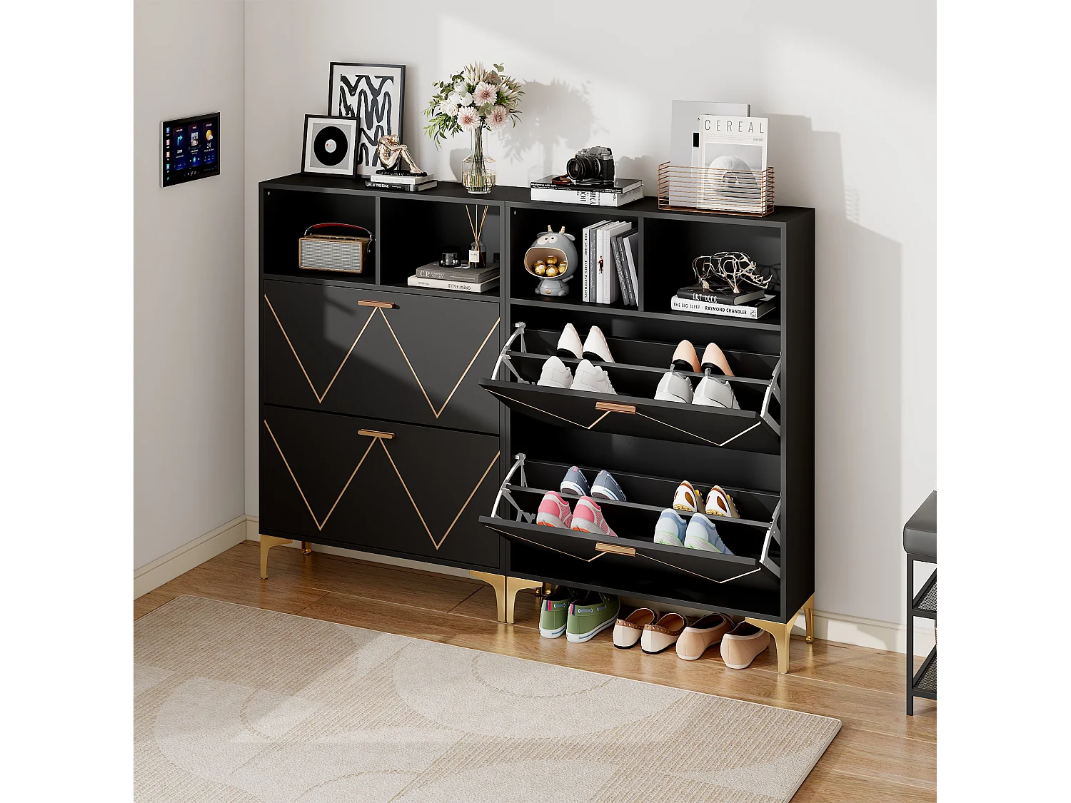 Scarpiera con 4 ante a soffietto inferiori + 4 ripiani semiaperti - 2 x 80 x 25 x 117 cm - MDF - nero