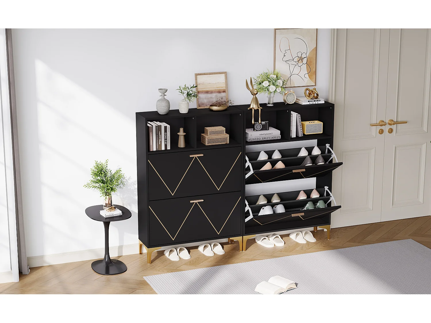 Scarpiera con 4 ante a soffietto inferiori + 4 ripiani semiaperti - 2 x 80 x 25 x 117 cm - MDF - nero