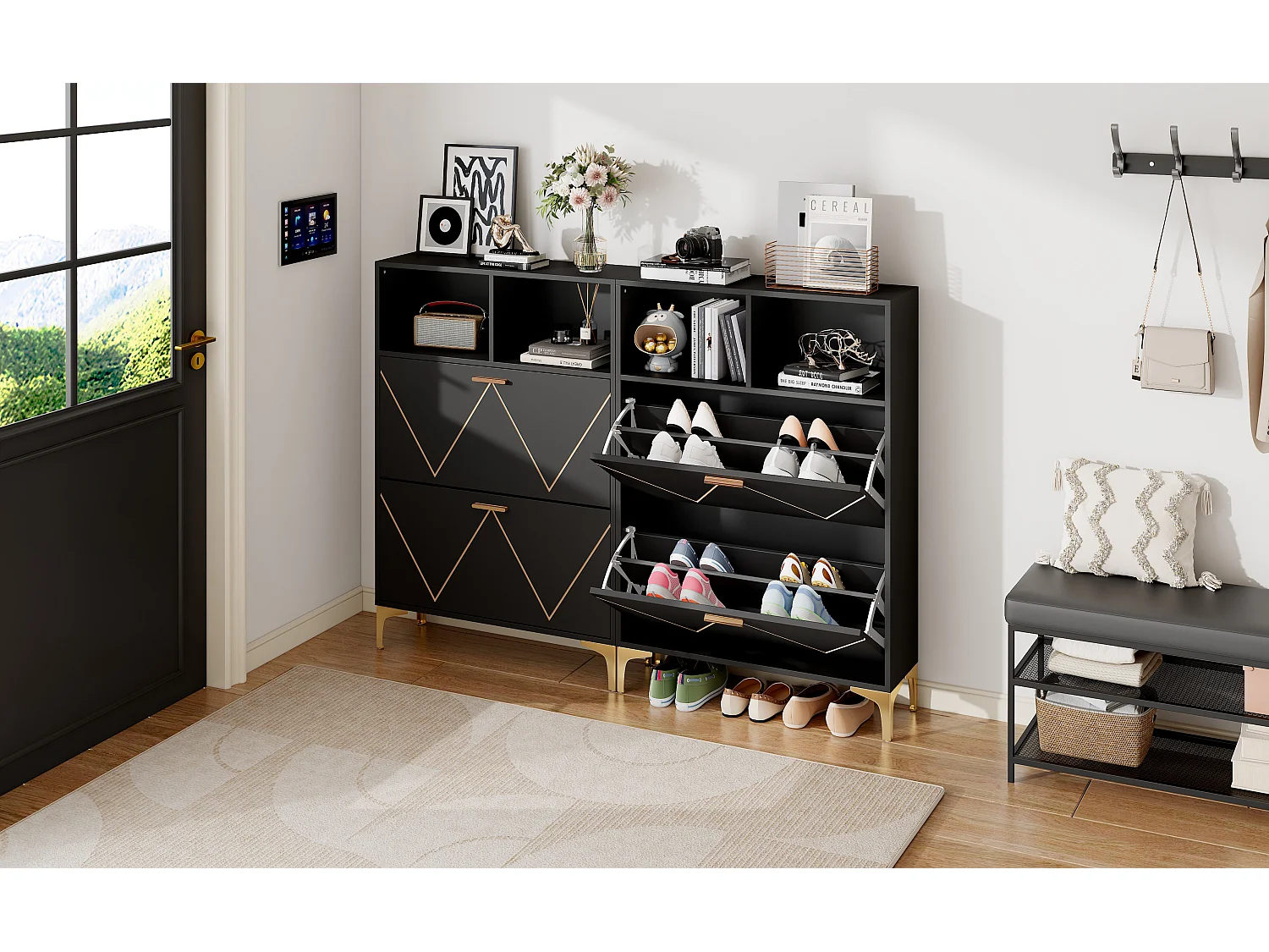 Scarpiera con 4 ante a soffietto inferiori + 4 ripiani semiaperti - 2 x 80 x 25 x 117 cm - MDF - nero