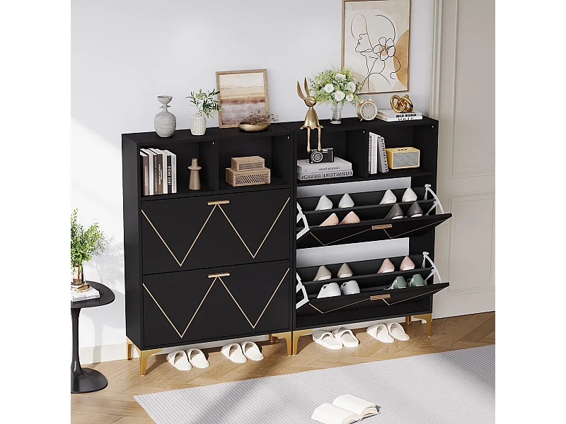 Meuble à chaussures avec 4 portes pliantes inférieures + 4 étagères semi-ouvertes - 2 x 80 x 25 x 117 cm - MDF - noir