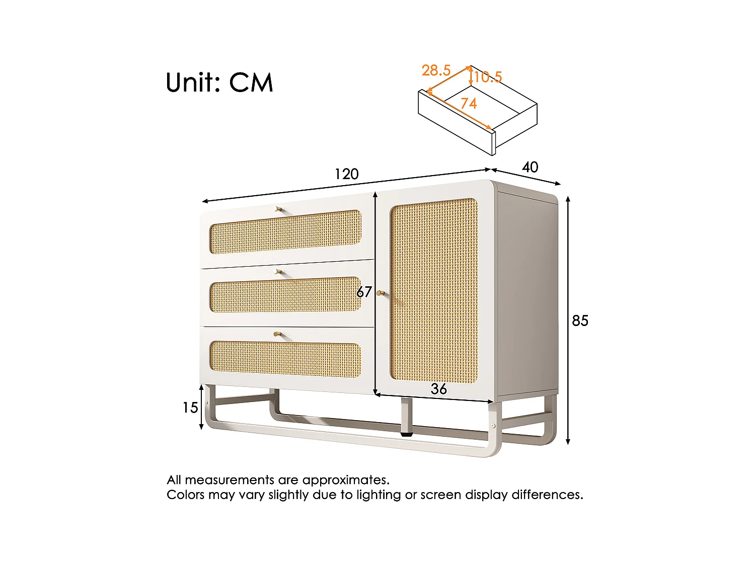 Aparador com puxadores de rattan e dourados - com 3 gavetas e 1 porta - 120 x 40 x 85 cm - madeira + metal - branco