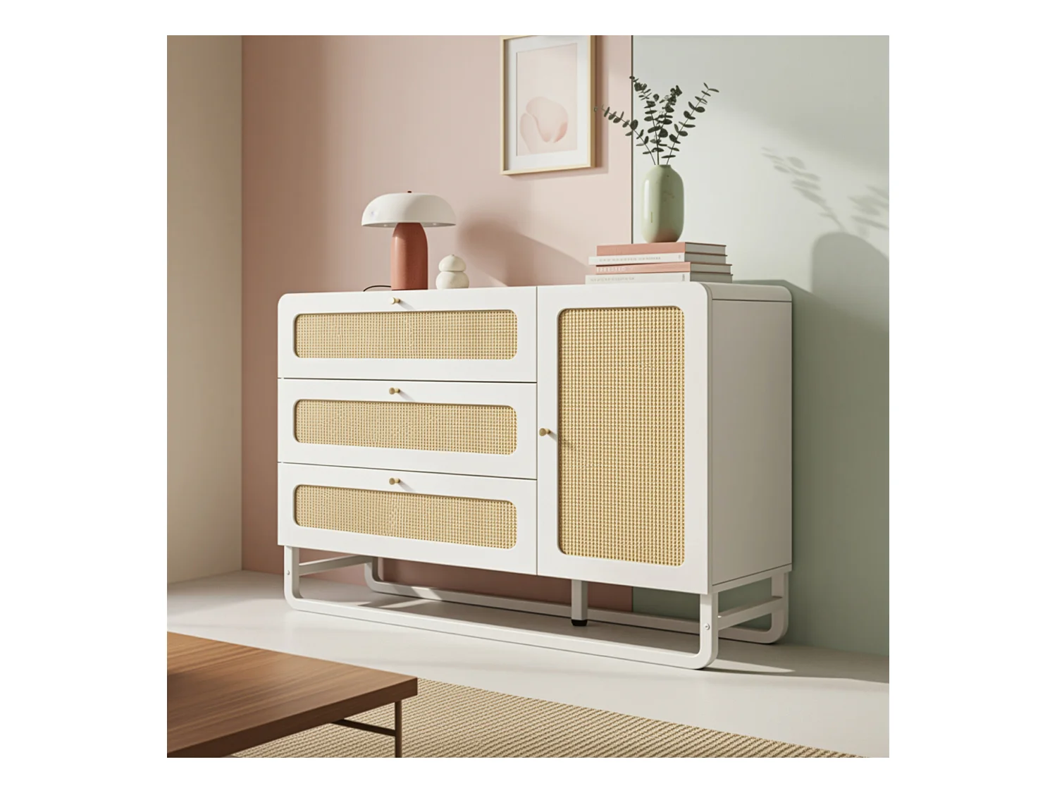 Aparador com puxadores de rattan e dourados - com 3 gavetas e 1 porta - 120 x 40 x 85 cm - madeira + metal - branco