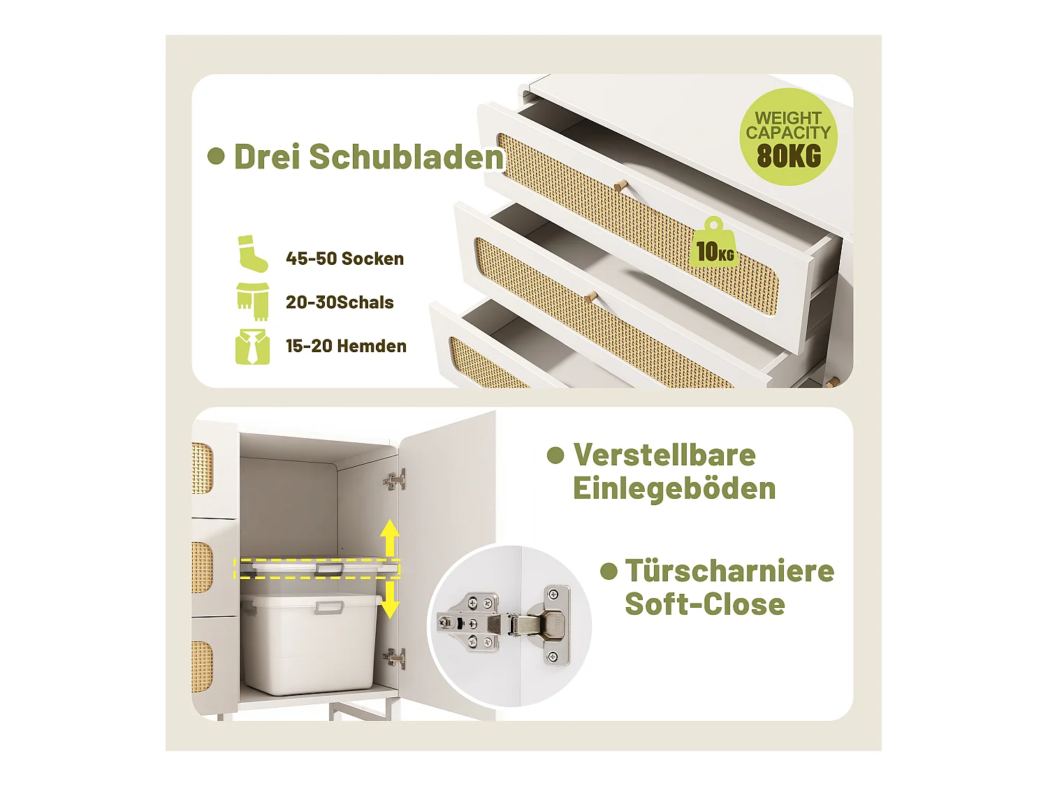 Aparador com puxadores de rattan e dourados - com 3 gavetas e 1 porta - 120 x 40 x 85 cm - madeira + metal - branco