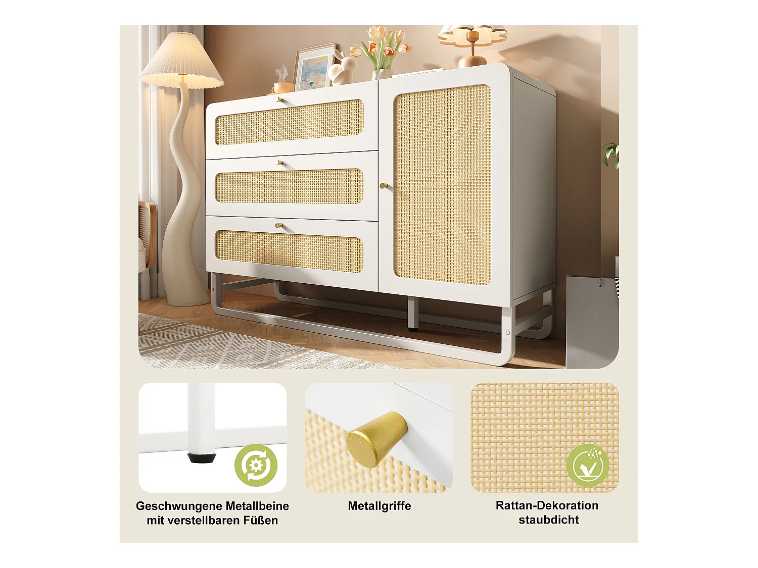 Aparador com puxadores de rattan e dourados - com 3 gavetas e 1 porta - 120 x 40 x 85 cm - madeira + metal - branco