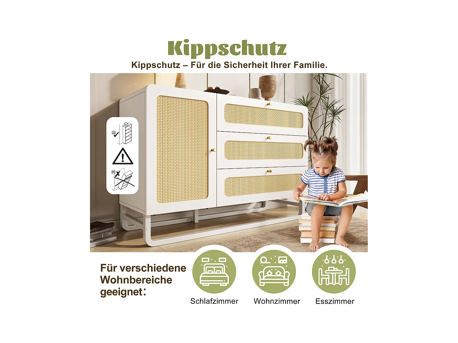 Aparador com puxadores de rattan e dourados - com 3 gavetas e 1 porta - 120 x 40 x 85 cm - madeira + metal - branco