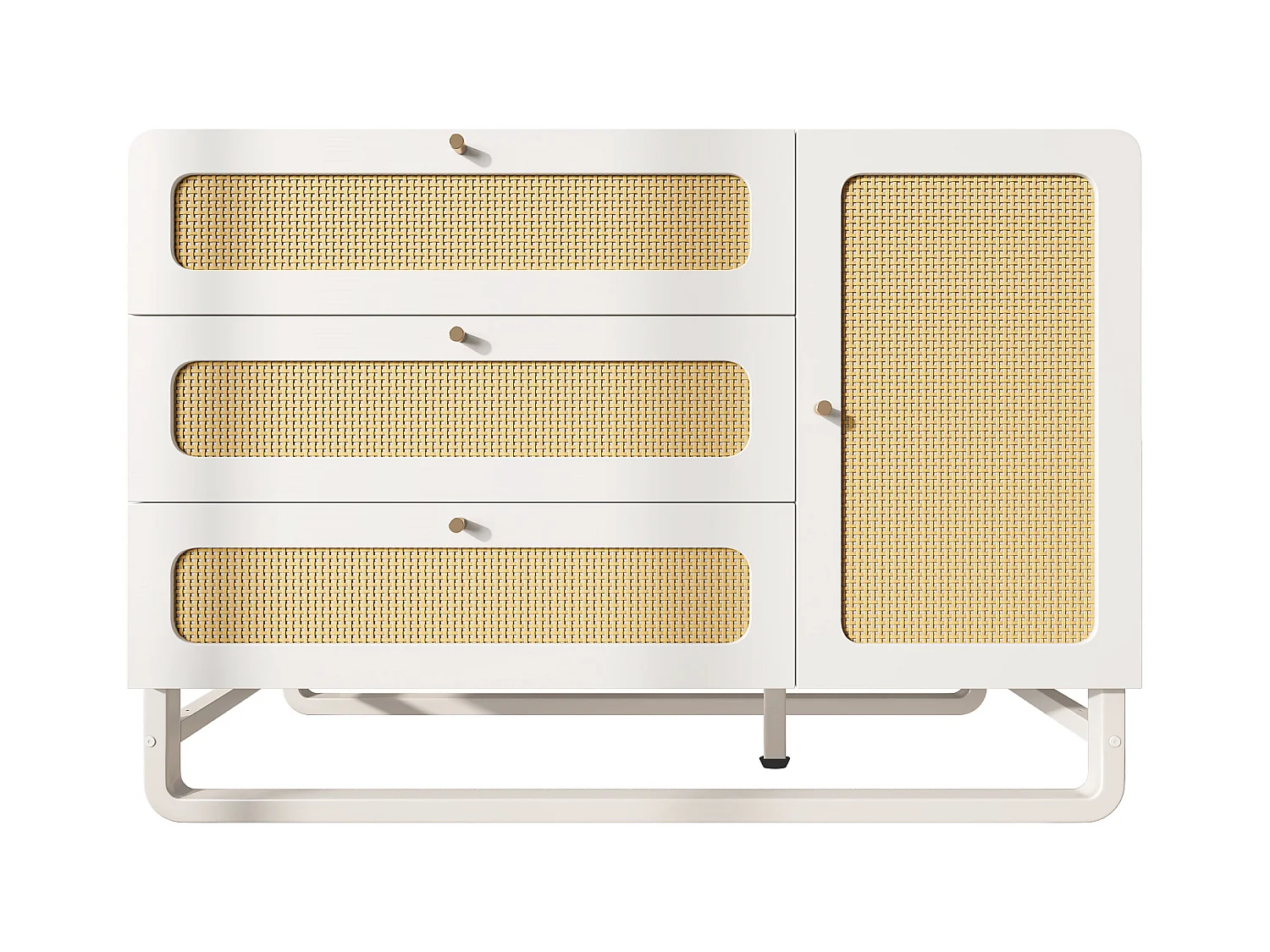 Aparador com puxadores de rattan e dourados - com 3 gavetas e 1 porta - 120 x 40 x 85 cm - madeira + metal - branco