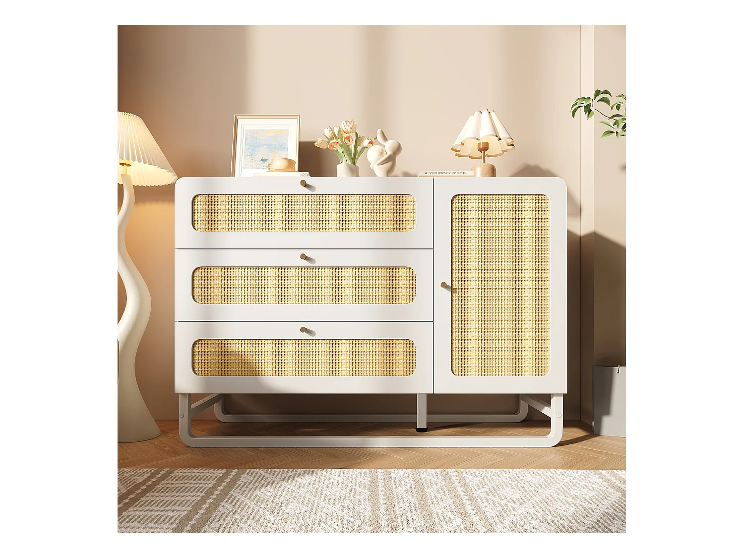 Aparador com puxadores de rattan e dourados - com 3 gavetas e 1 porta - 120 x 40 x 85 cm - madeira + metal - branco