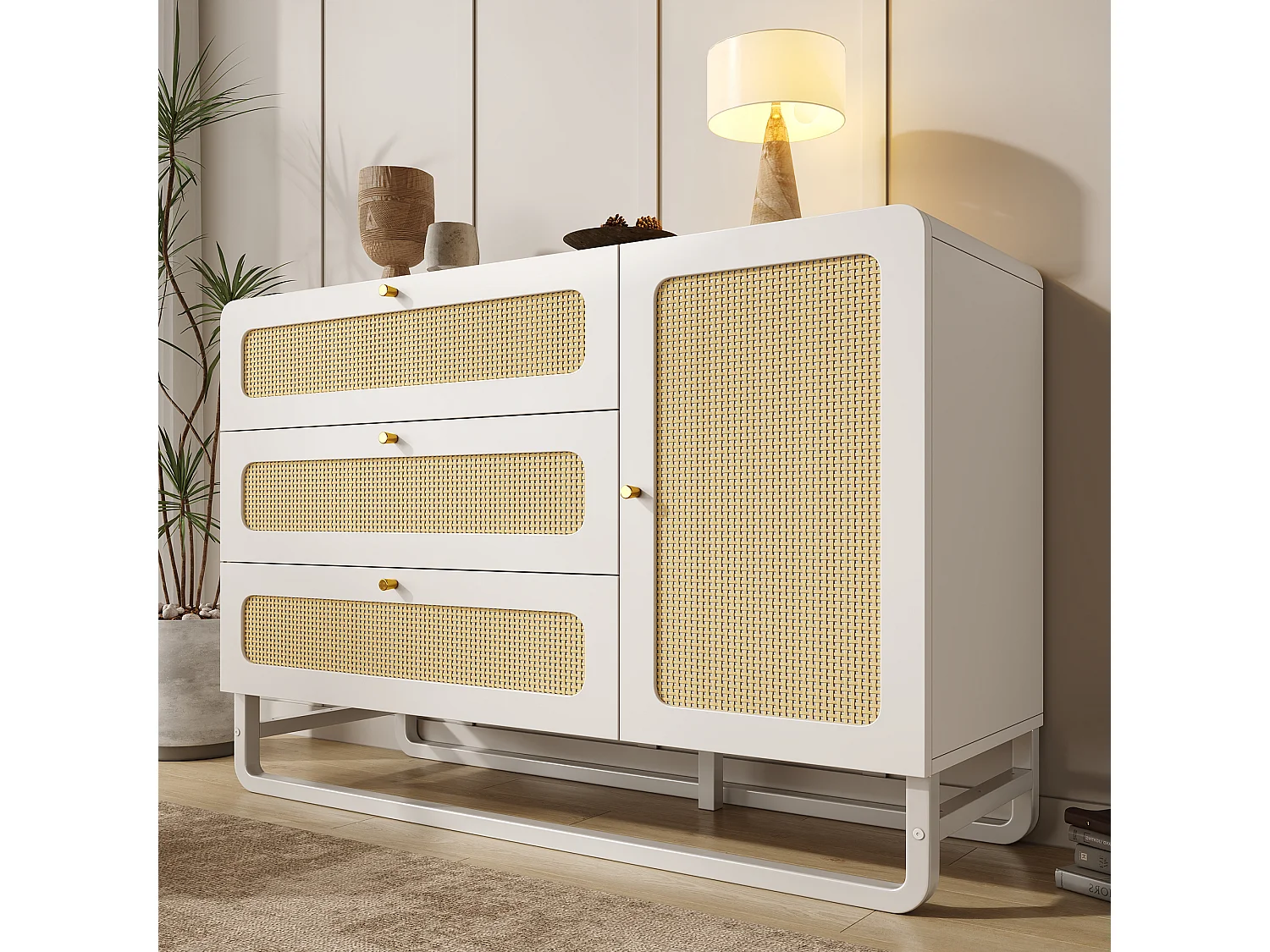 Buffet avec poignées en rotin et or - avec 3 tiroirs et 1 porte - 120 x 40 x 85 cm - bois + métal - blanc