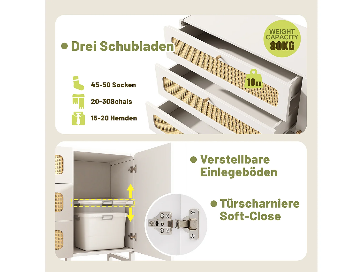 Buffet avec poignées en rotin et or - avec 3 tiroirs et 1 porte - 120 x 40 x 85 cm - bois + métal - blanc