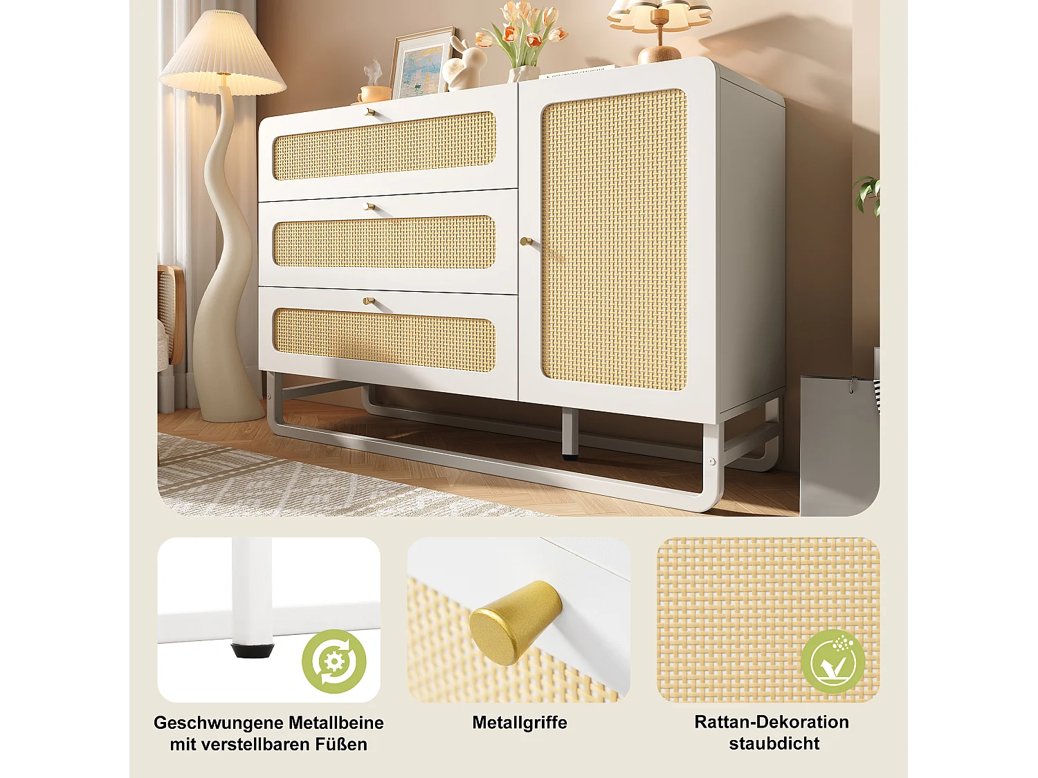 Buffet avec poignées en rotin et or - avec 3 tiroirs et 1 porte - 120 x 40 x 85 cm - bois + métal - blanc