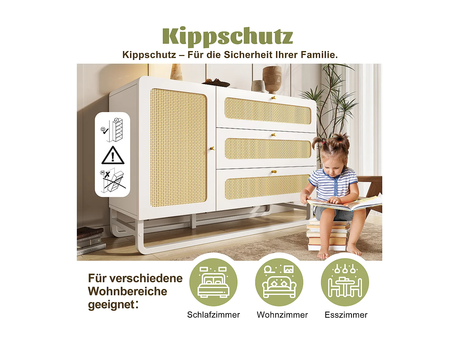 Buffet avec poignées en rotin et or - avec 3 tiroirs et 1 porte - 120 x 40 x 85 cm - bois + métal - blanc